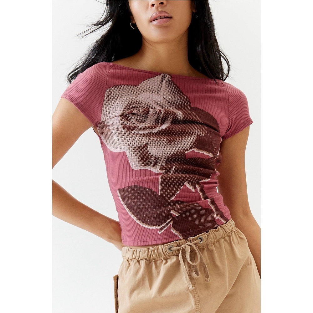UO Nadia Rose Print Low Open Back Top M Pink Mauve Ribbed Knit ASO Bel-Air Amira